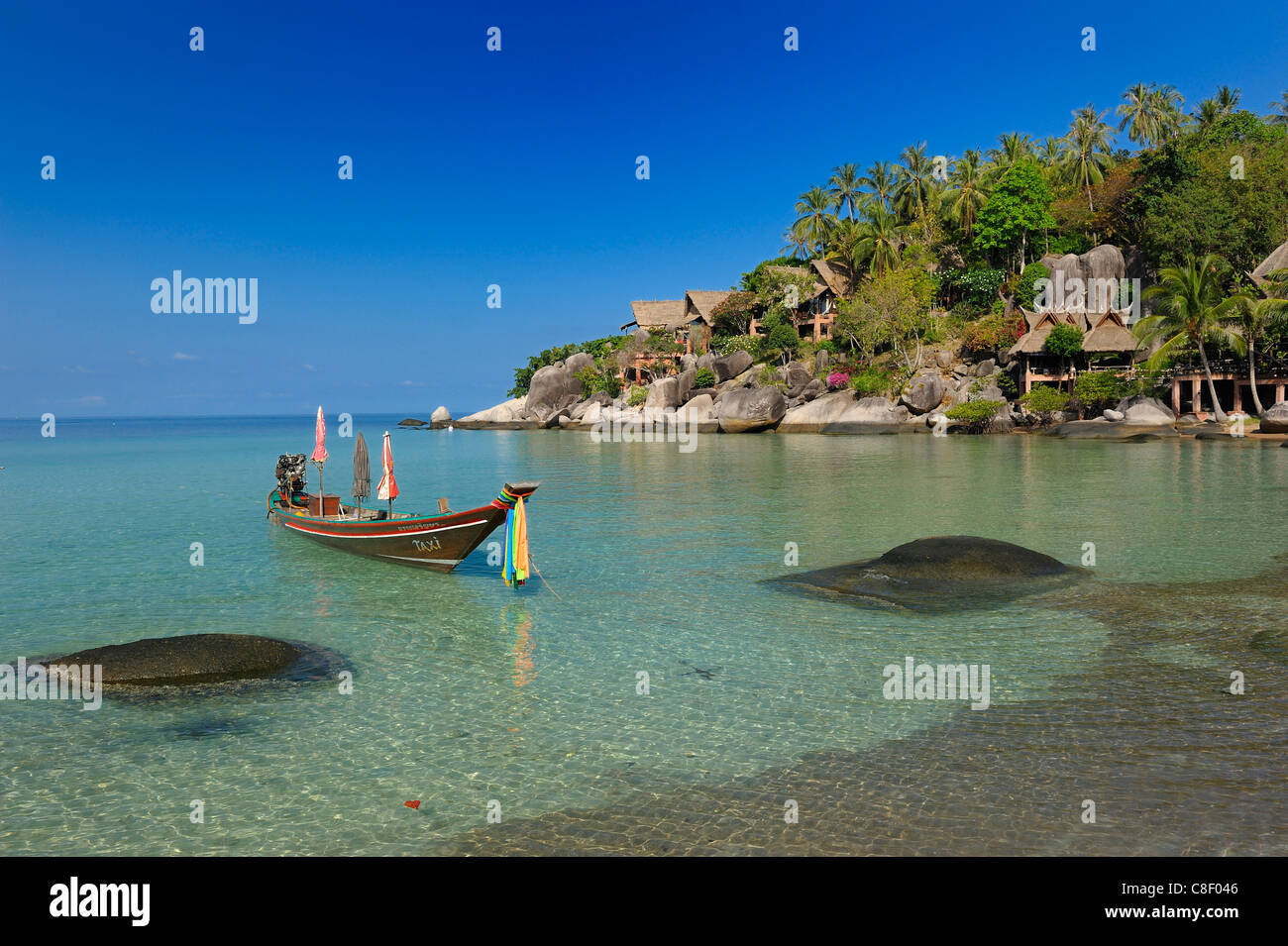 Koh Tao, Cabana Hotel, Sai Ree, Beach, Koh Tao, Thailand, Asia, Longtail Boat, boat Stock Photo