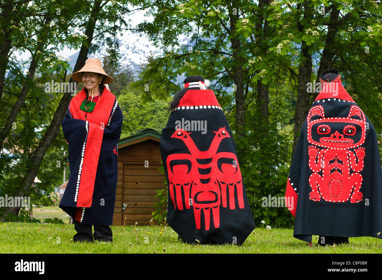 Tlingit native performers at Chief Shakes Tribal House, historic site, Wrangell, Southeast Alaska, United States of America Stock Photo