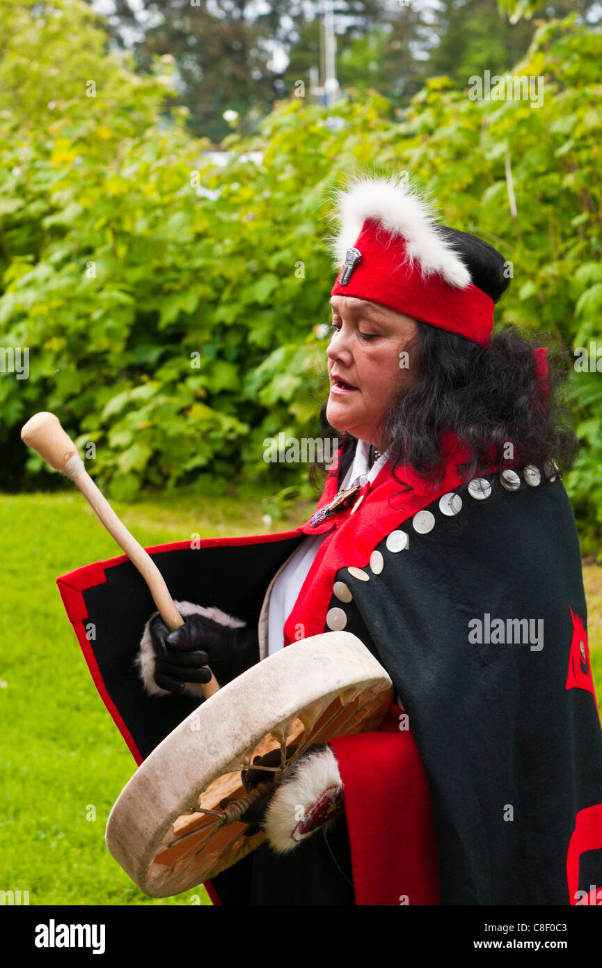Tlingit native performers at Chief Shakes Tribal House, historic site, Wrangell, Southeast Alaska, United States of America Stock Photo