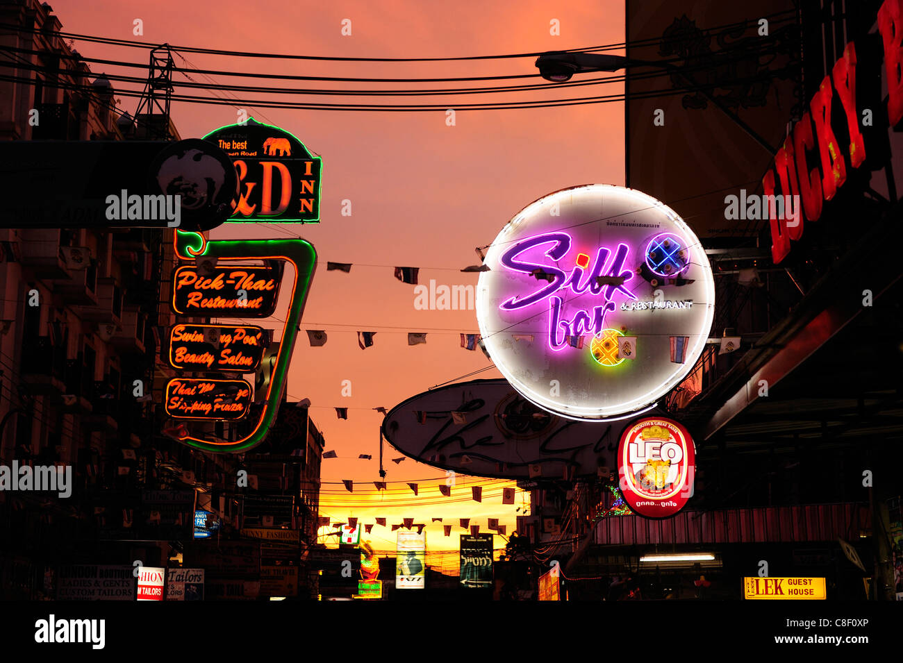 Khao San, Road, at night, Bangkok, Thailand, Asia, neon signs, lights, Stock Photo