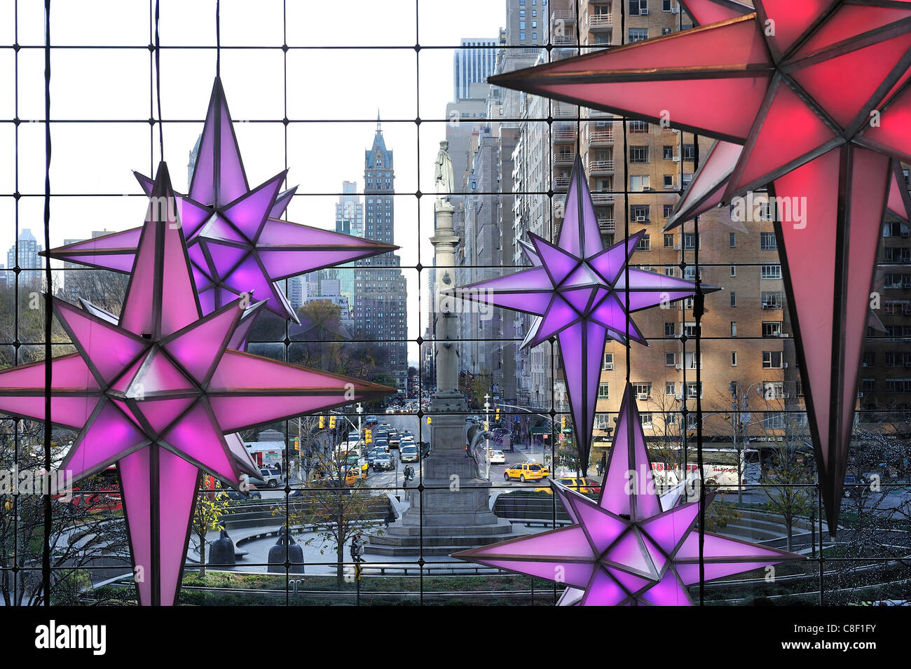shops, Columbus Circle, Time Warner Building, Midtown, Manhattan, New York, USA, United States, America, Christmas, stars Stock Photo