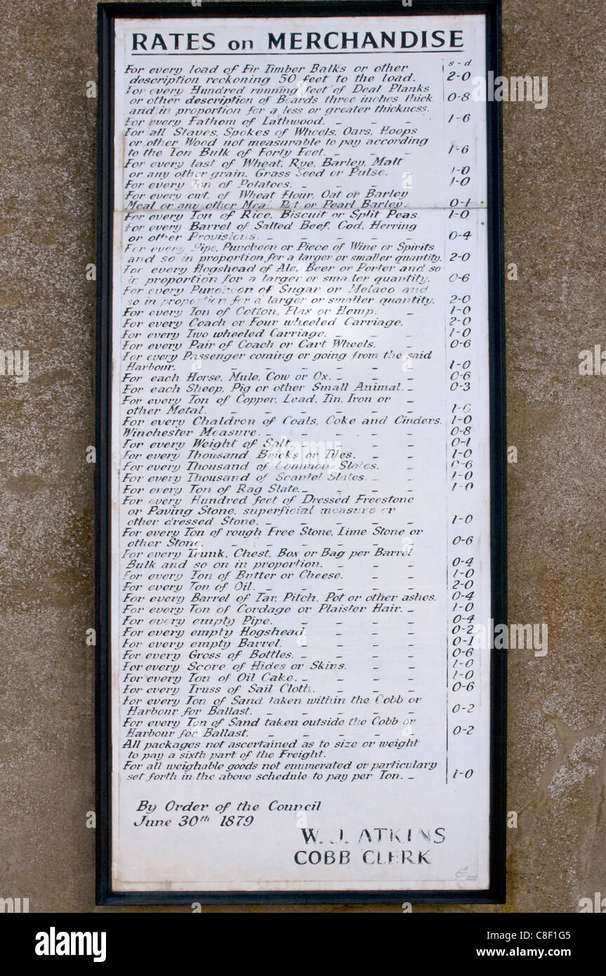 1879 weathered notice listing tax Rates on Merchandise, Lyme Regis harbour Stock Photo