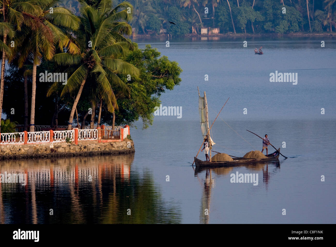 Sand mining, Ashtamudi Lake, Kollam, Kerala, India Stock Photo