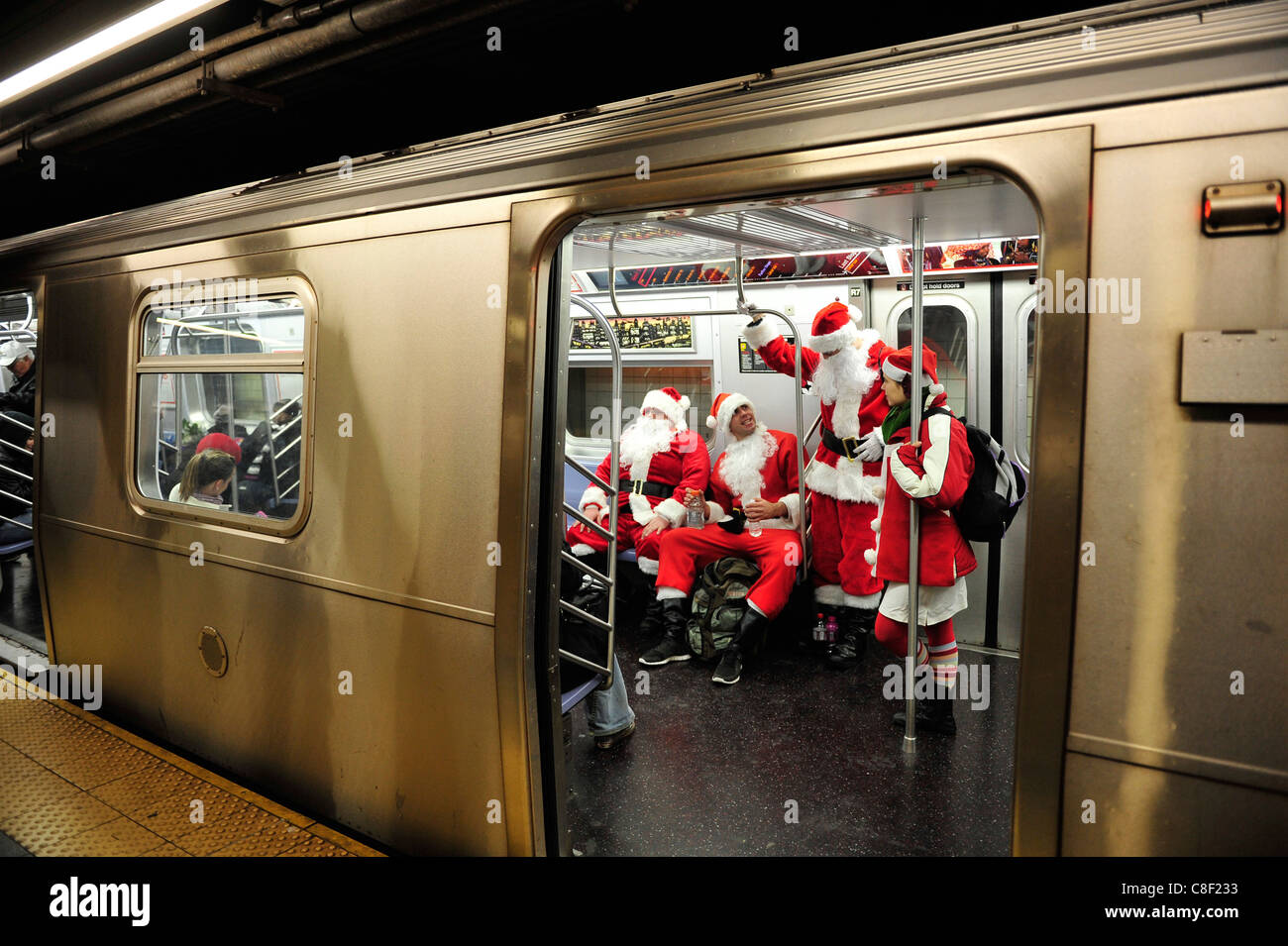 Santas, Subway, Manhattan, New York, USA, United States, America