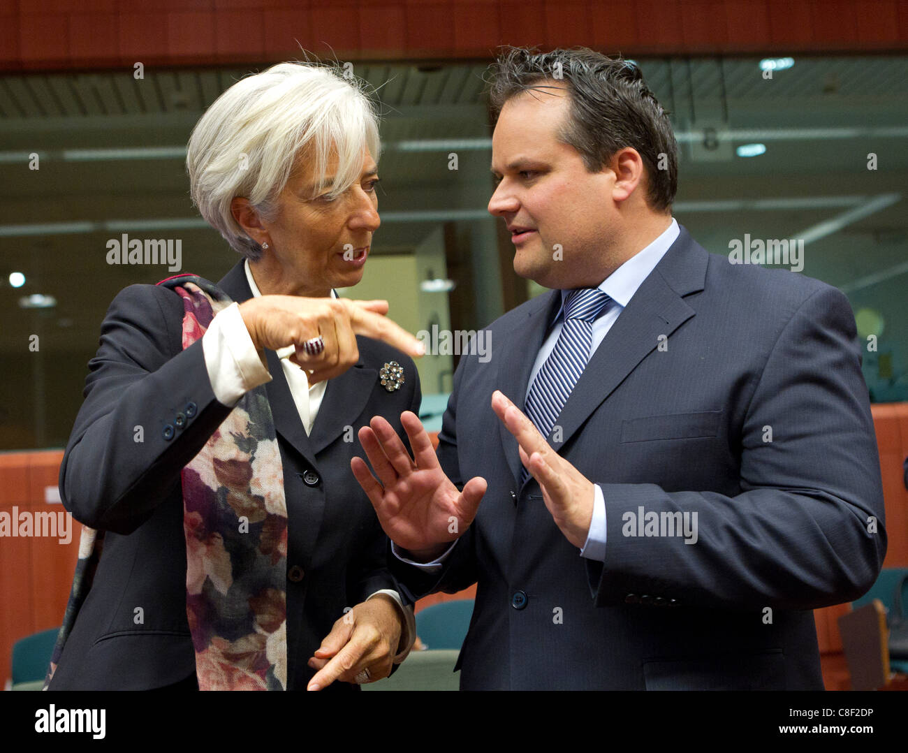 21.10.2011 - Pictured at the Eurogroup meeting of Finance Ministers of the Eurozone  Christine Lagarde, Director General of the International Monetary Fund with Dutch Finance Minister, Jan Kees de Jager. Stock Photo