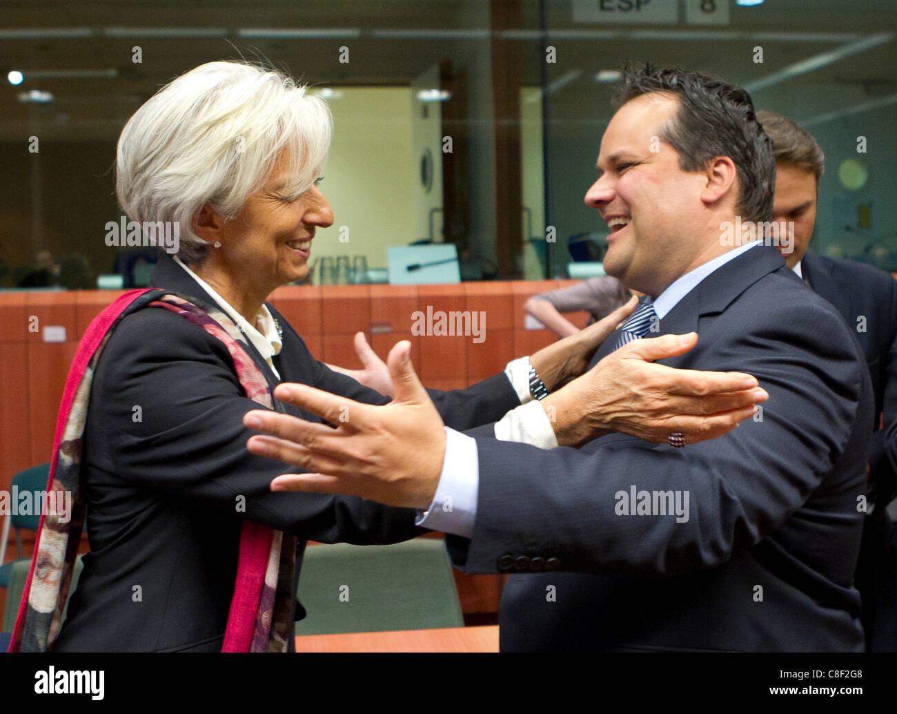 21.10.2011 - Pictured at the Eurogroup meeting of Finance Ministers of the Eurozone,  Christine Lagarde, Director General of the International Monetary Fund with Dutch Finance Minister, Jan Kees de Jager. Stock Photo
