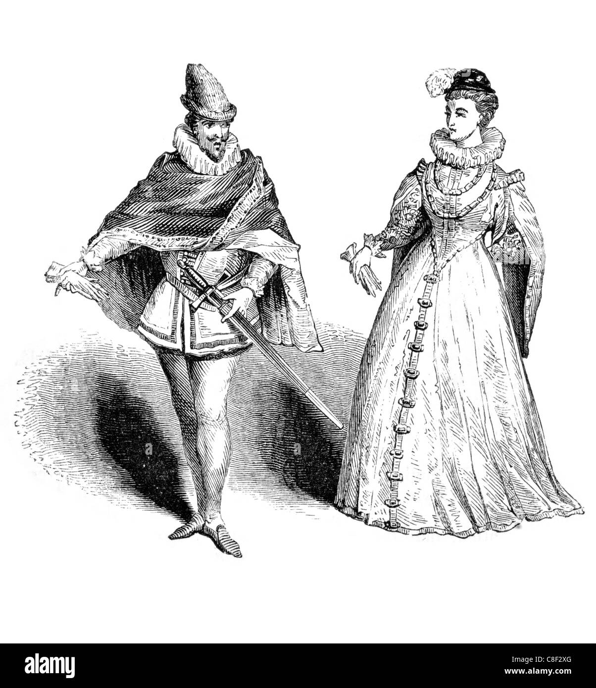 Navarre sixteenth century costume costumes clothing clothes wardrobe dress  apparel robe garment textiles textile fabric fabrics Stock Photo