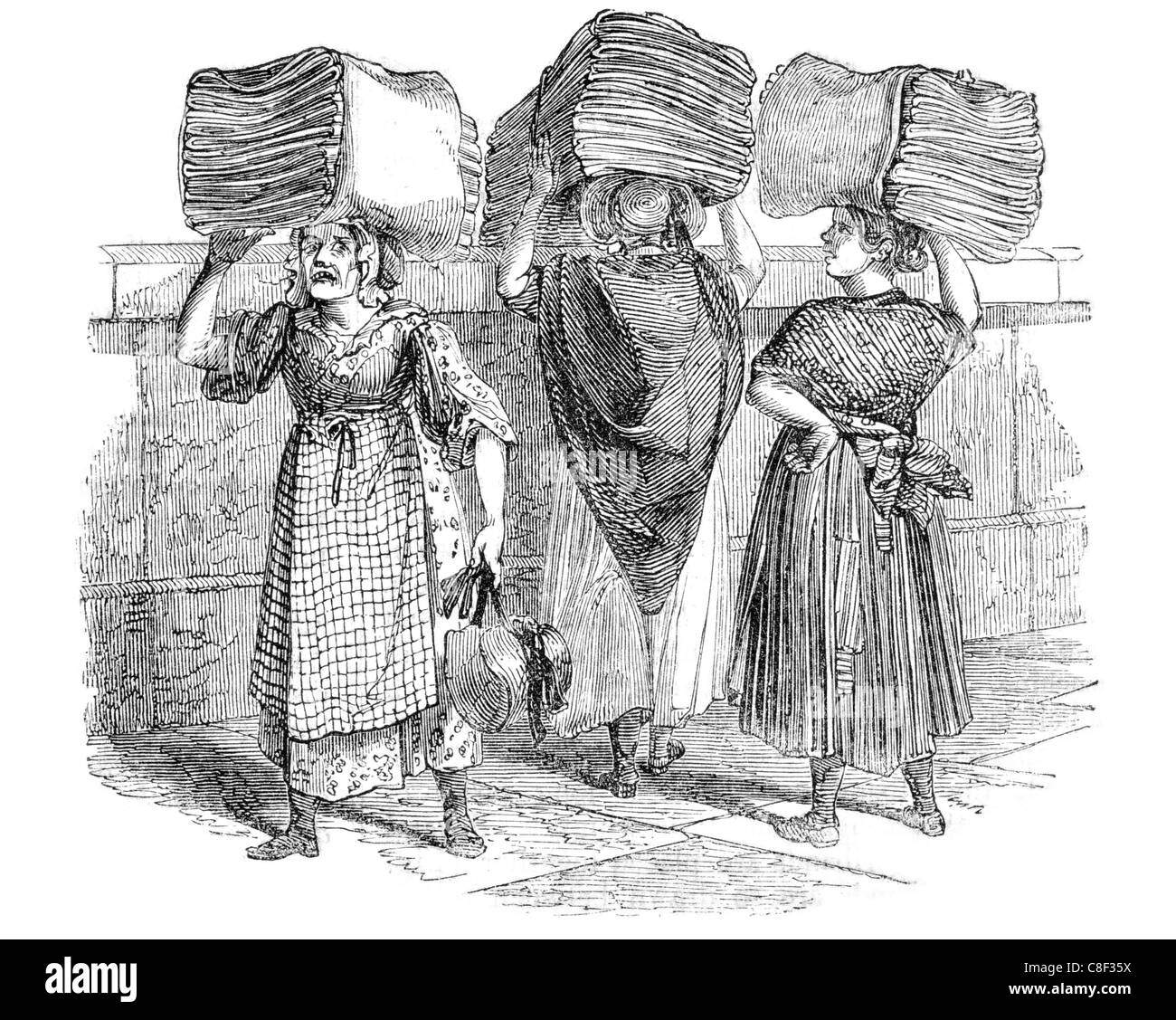 Bermondsey sack bag women hand haulage carry carrying cargo goods trade sales transport logistics product old lady Stock Photo