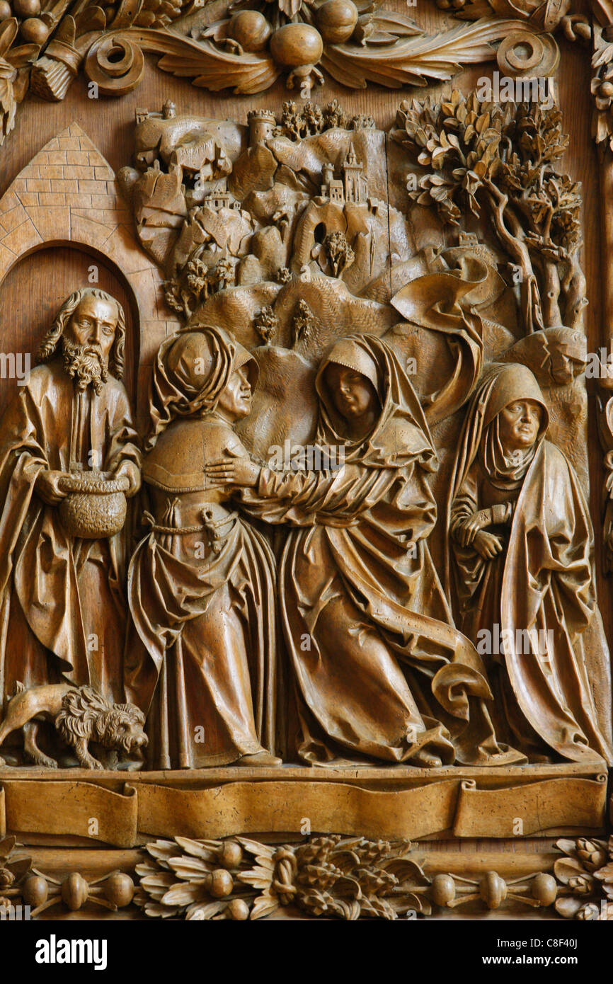 Visitation of the Blessed Virgin Mary on the carved altar, dating from 1509, Mauer bei Melk church, Lower Austria, Austria Stock Photo