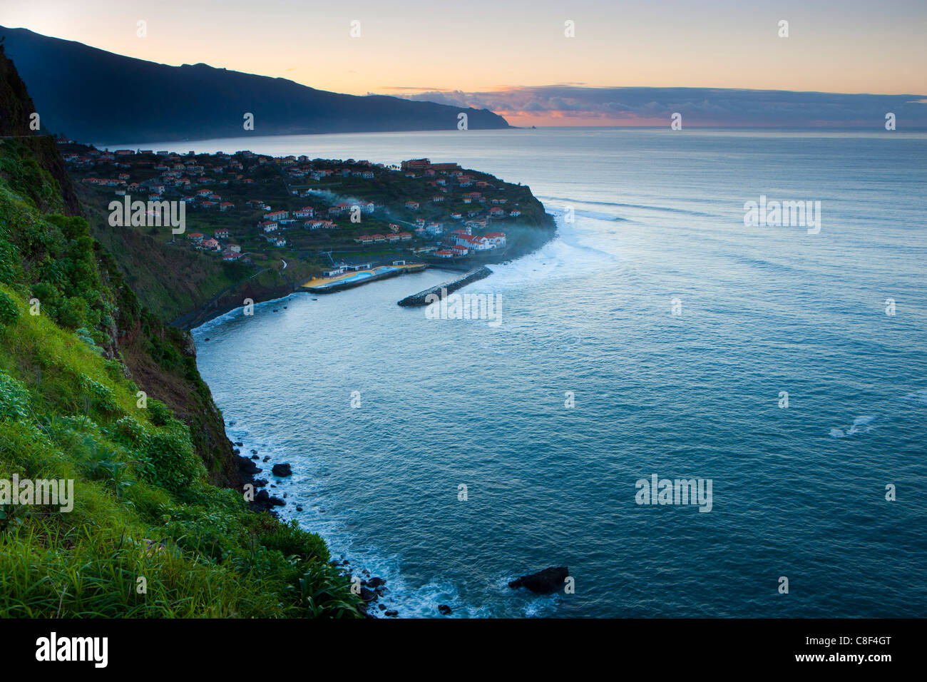Ponta Delgada, Portugal, Europe, Madeira, town, city, coast, sea, Atlantic, dusk, evening Stock Photo