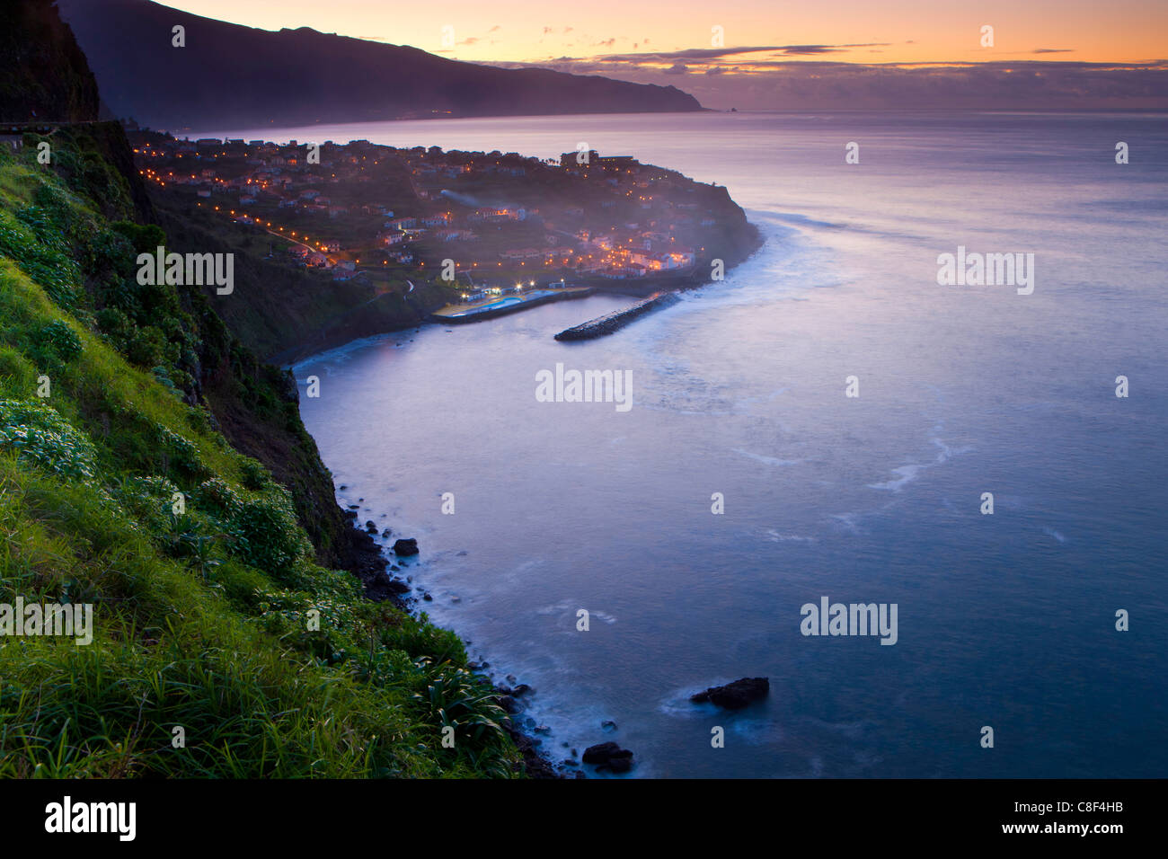 Ponta Delgada, Portugal, Europe, Madeira, town, city, coast, sea, Atlantic, dusk, evening, lights, illumination, Stock Photo