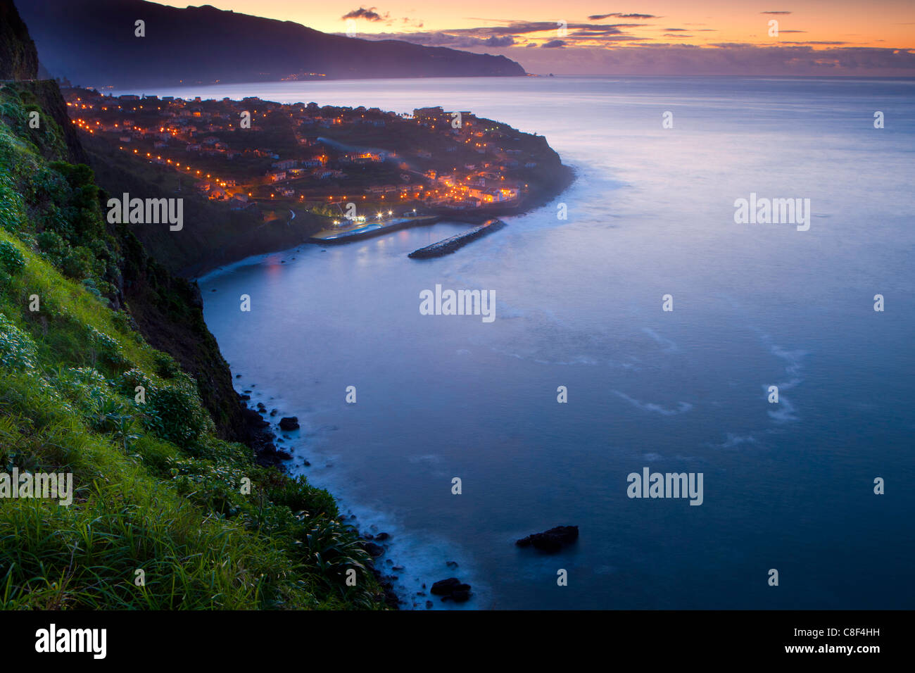 Ponta Delgada, Portugal, Europe, Madeira, town, city, coast, sea, Atlantic, dusk, evening, lights, illumination, Stock Photo