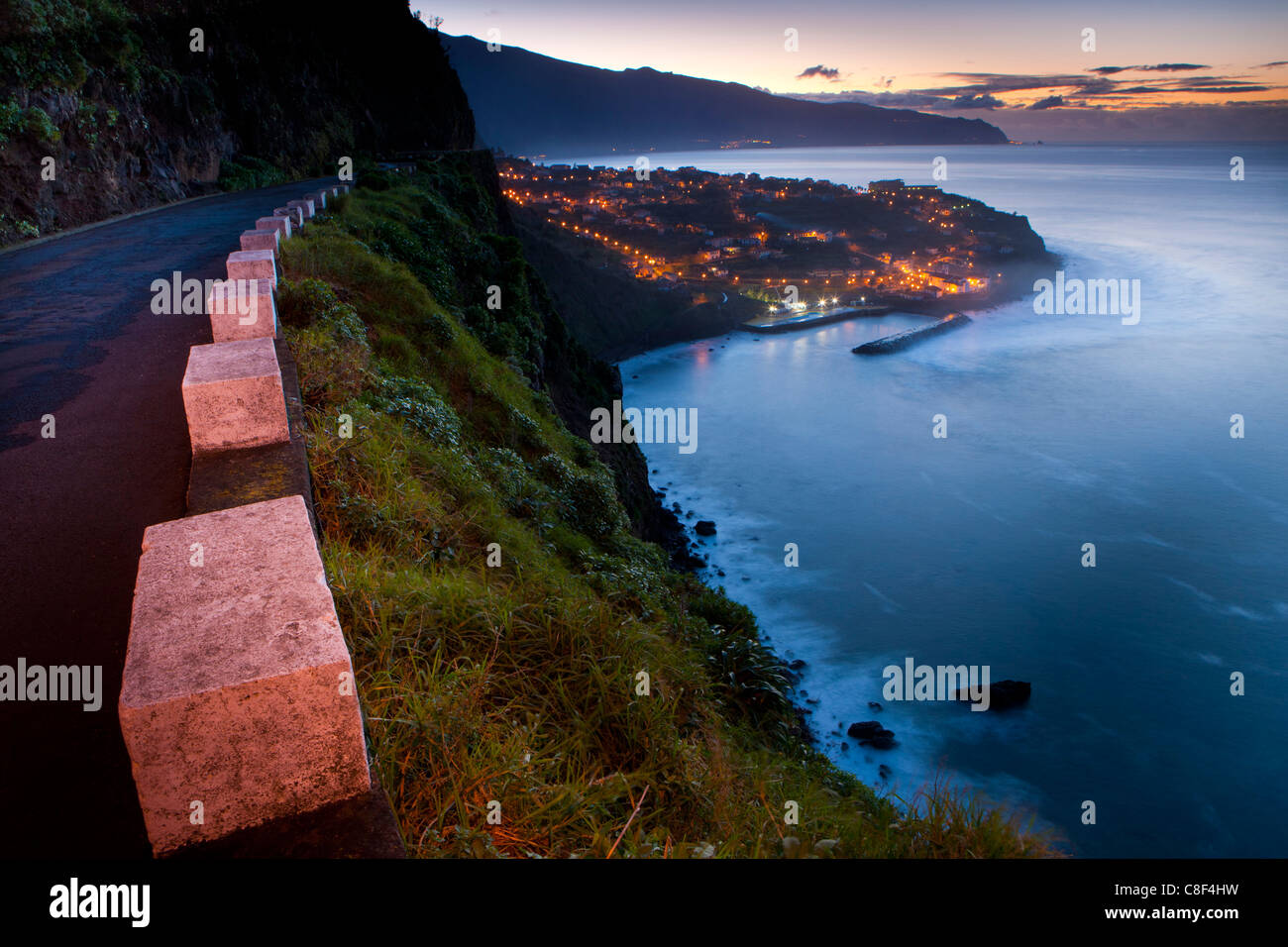 Ponta Delgada, Portugal, Europe, Madeira, town, city, coast, sea, Atlantic, dusk, evening, lights, illumination, street Stock Photo
