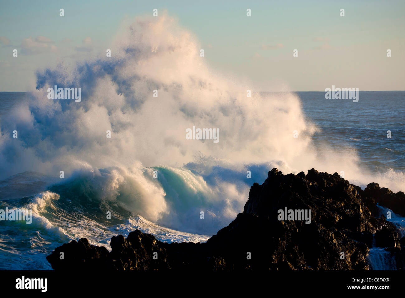 Porto Moniz, Portugal, Europe, Madeira, coast, sea, Atlantic, water, waves, foam, element, natural force, energy, rock, cliff, l Stock Photo