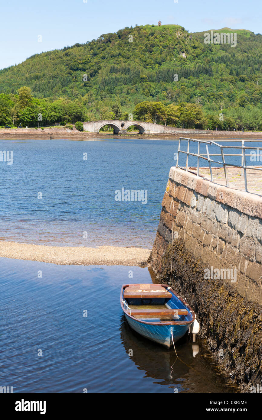 Looking across Loch Fyne from Inveraray harbour to the Aray Bridge at the mouth of the River Aray, Argyll & Bute, Scotland Stock Photo