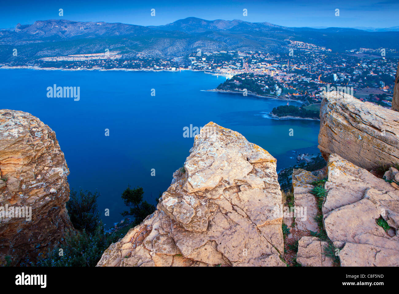 Cassis, France, Europe, Côte d'Azur, Provence, Bouches-du-Rhône, cape, view point, rock, cliff, sea, Mediterranean Sea, town, ci Stock Photo