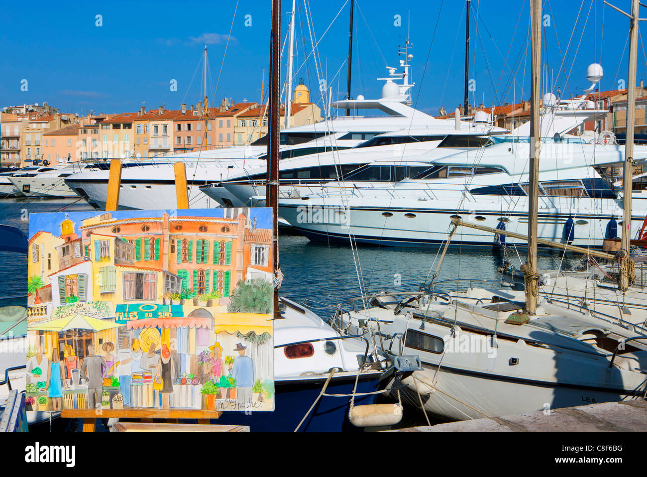 Saint-Tropez, France, Europe, Côte d'Azur, Provence, Var, sea, Mediterranean Sea, town, city, houses, homes, harbour, port, boat Stock Photo