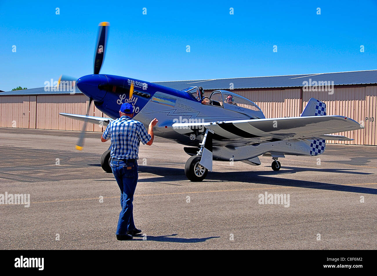 'Lady Jo', P-51D Mustang WW2 Fighter Aircraft taxiing at Nampa Airport Stock Photo