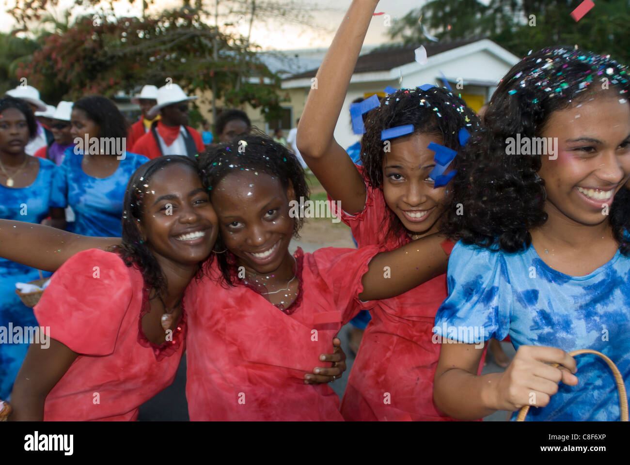 Happy girls at the Festival of the Creoles (Fete de Creoles, Mahe, Seychelles Stock Photo
