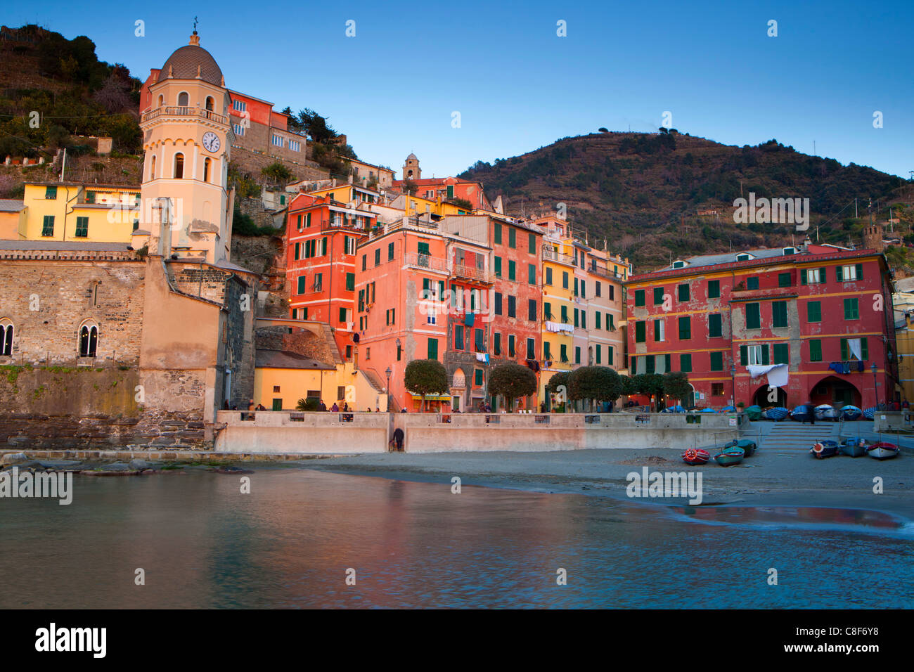 Vernazza, Italy, Europe, Liguria, Cinque Terre, sea, Mediterranean Sea, coast, village, houses, homes, church, evening light Stock Photo
