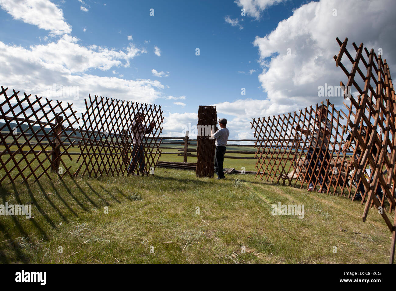 Mongolian mans building they traditional house ger wall, Tsagaan Nuur ...