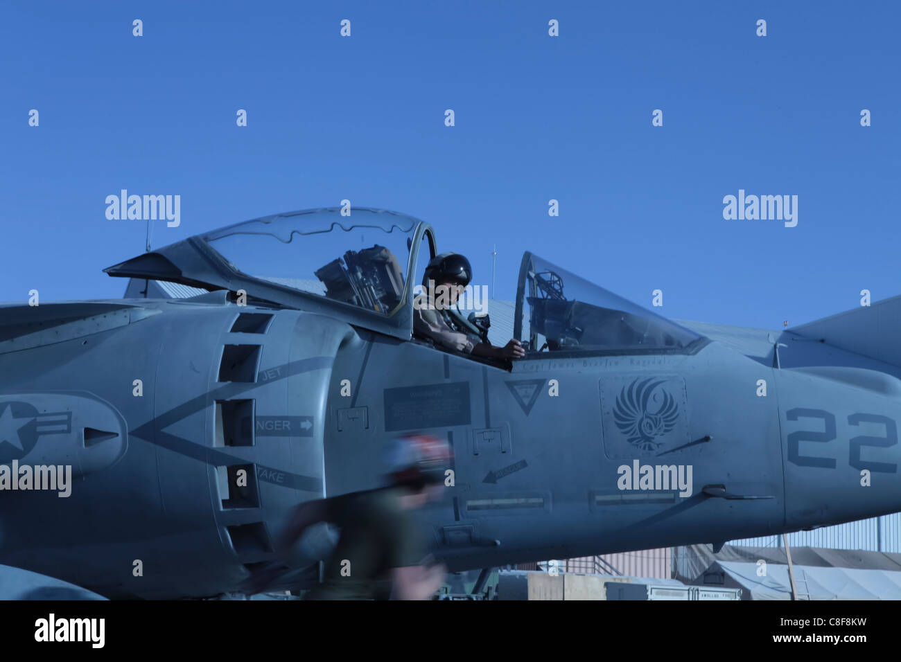 AV-8B Harrier on the flightline of Kandahar Airfield, Afghanistan Stock Photo