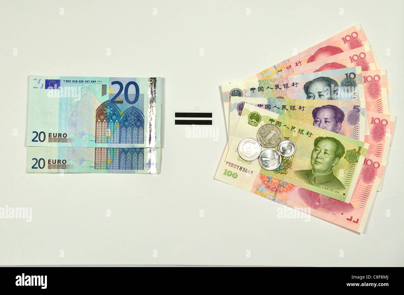 Euros equal to Chinese Yuan. Stock Photo