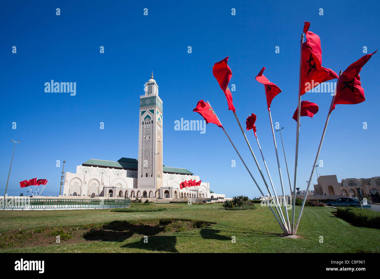 Morocco, North Africa, Africa, Casablanca, Hassan II, mosque, highest, top, minaret, 210 ms, Morocco, North Africa, Africa, flag Stock Photo