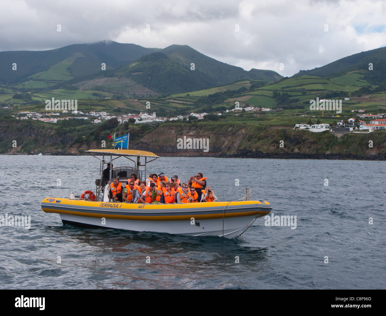 Tourists in a whale watching boat, São Miguel island, Azores Stock Photo Alamy