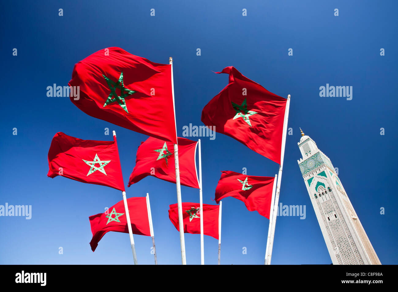 Morocco, North Africa, Africa, Casablanca, Hassan II, mosque, highest, top, minaret, 210 ms, Morocco, North Africa, Africa, flag Stock Photo