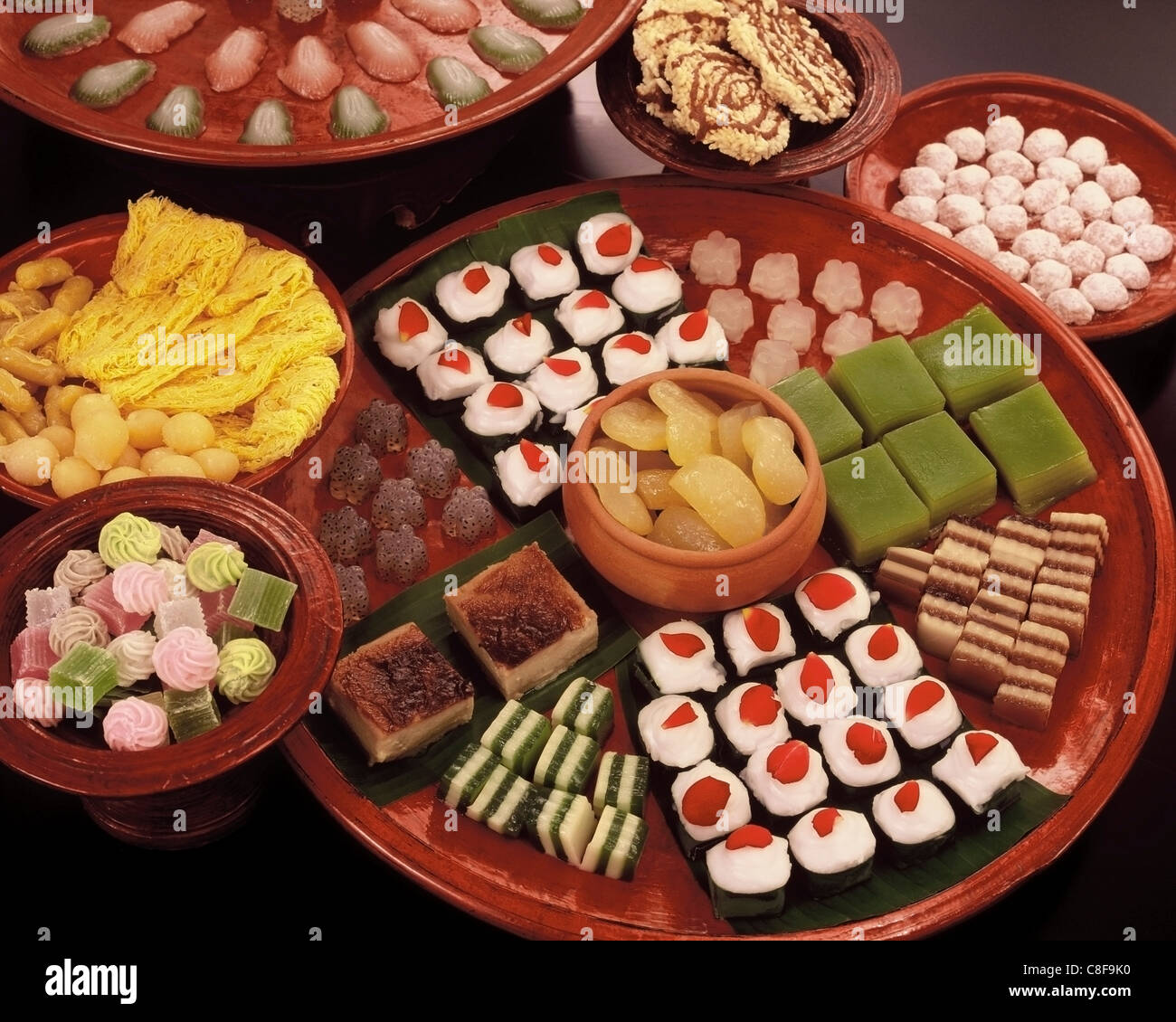 A variety of Thai sweets, made from coconut cream, egg yolk and sweet