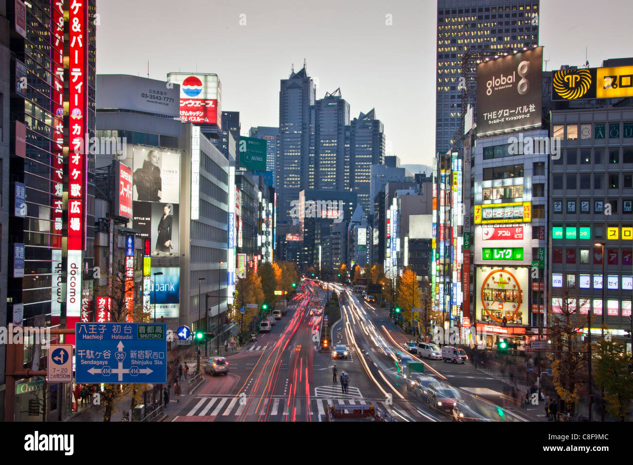 Tokyo, city, Japan, November, Asia, district, Shinjuku, Koshukaido avenue, street, evening, lights, illumination, neon lights Stock Photo