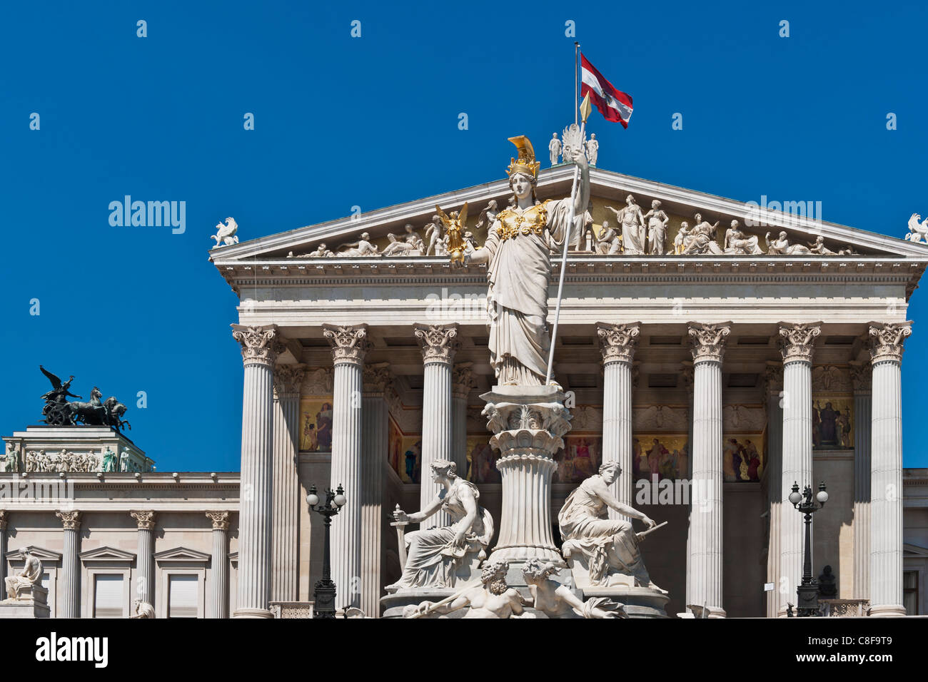 Pallas Athena Fountain in front of  the Austrian Parliament Building, Vienna, Austria, Europe Stock Photo