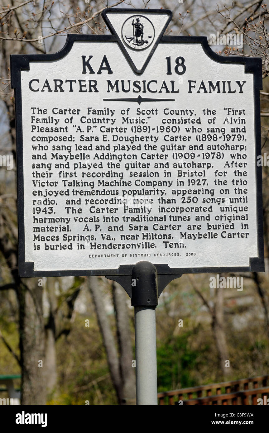 Road marker for the Carter Musical Family in Virginia Stock Photo