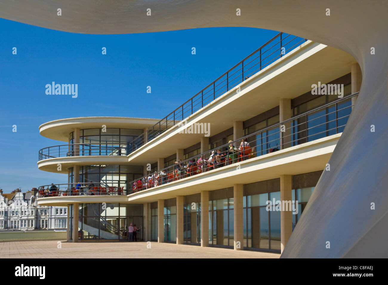 Outdoor stage for performances and exterior of the De La Warr Pavilion, Bexhill on Sea, East Sussex, England, United Kingdom Stock Photo