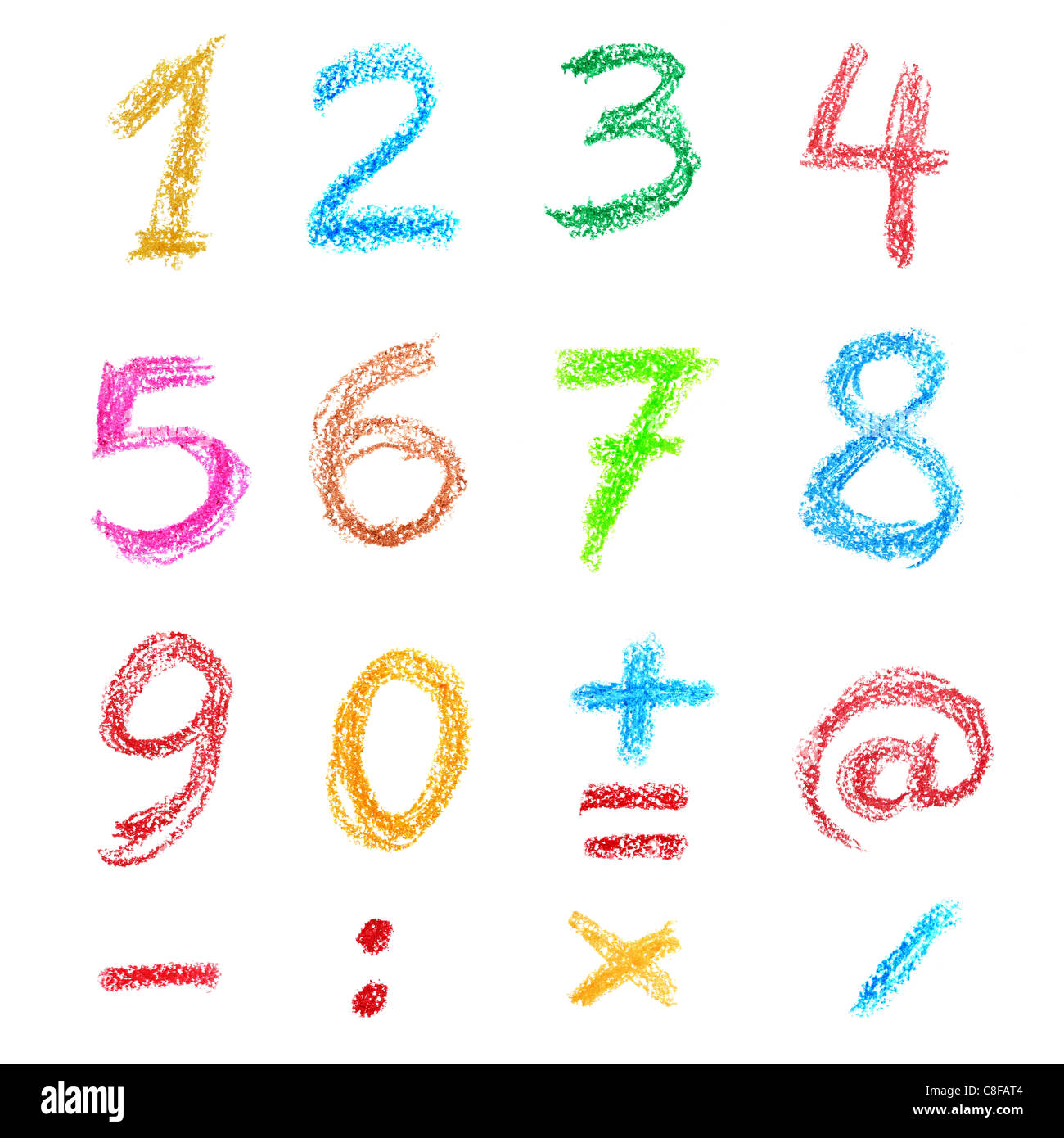 Crayon numbers and signs isolated over the white background Stock Photo