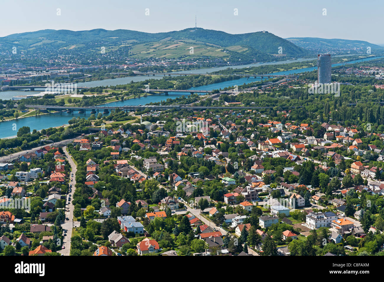 View from the Danube tower over the Danube River towards Vienna