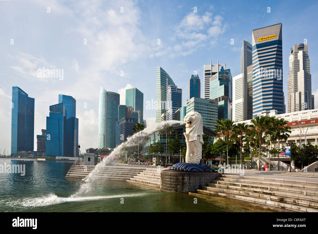 Singapore, Asia, Merlion, landmark, lion, mermaid, sculpture, water vomit, spit, bank promenade, stair, Skyline, town, city, Stock Photo