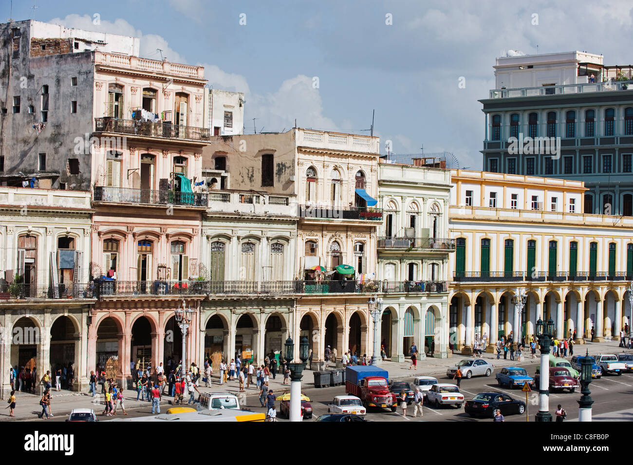 Colourful facades of houses in Central Havana, Cuba, West Indies, Caribbean, Central America Stock Photo