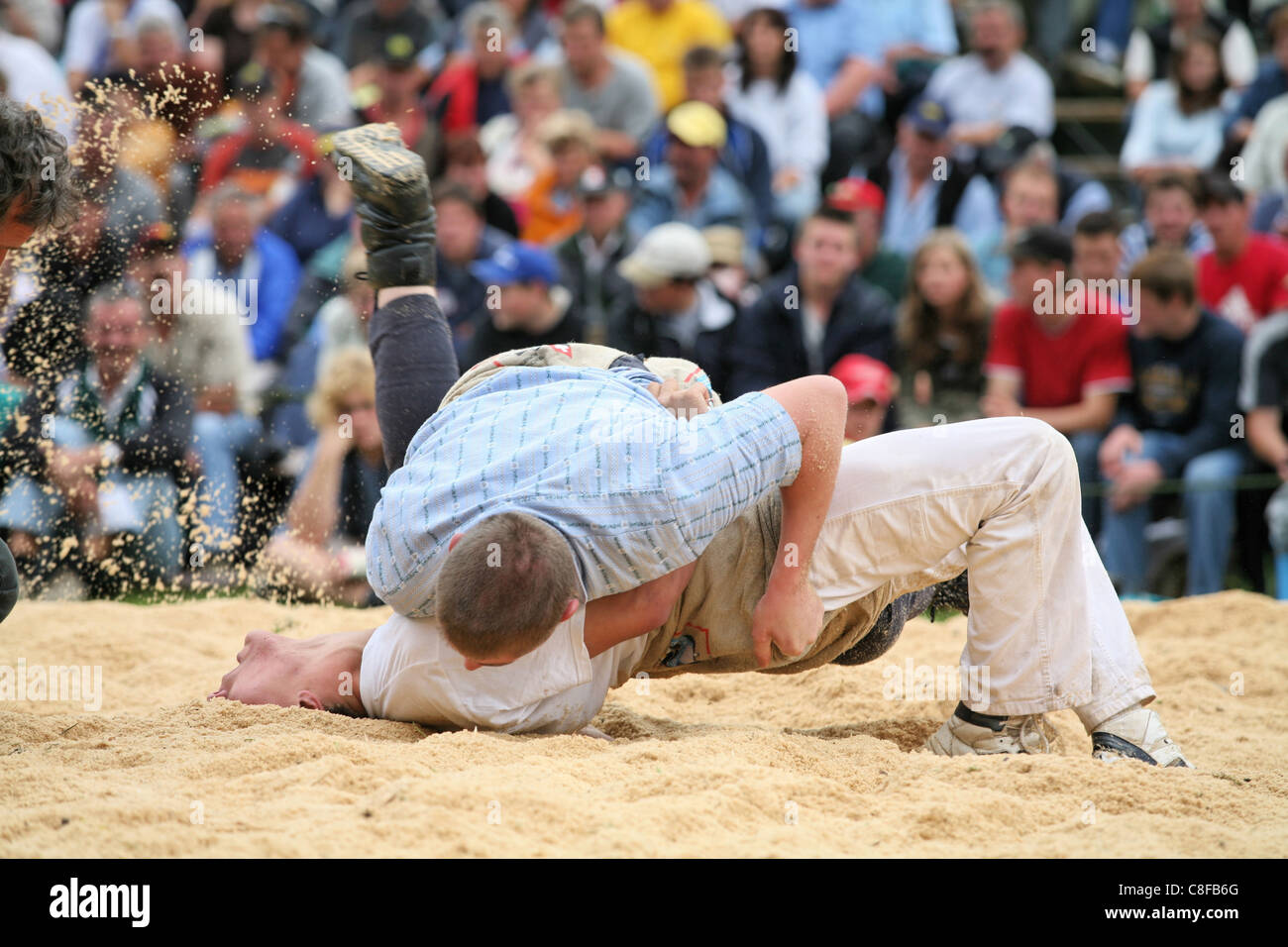 Canton Bern, Interlaken, Unspunnen, party, fête, sawdust, sport, event, Schwingen, Swiss wrestling, Switzerland, festival, compe Stock Photo