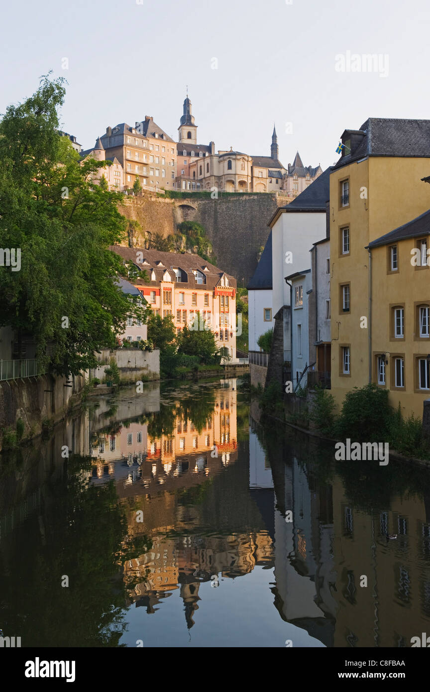 Town houses reflected in canal, Old Town, Grund district, UNESCO World Heritage Site, Luxembourg City, Grand Duchy of Luxembourg Stock Photo