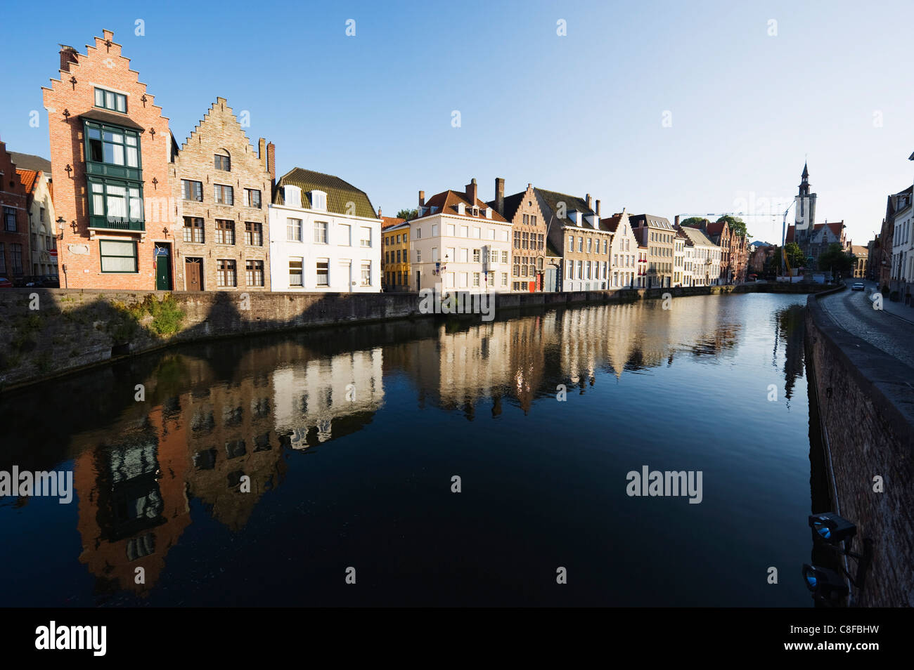 Reflection of old houses in a canal, Old Town, UNESCO World Heritage Site, Bruges, Flanders, Belgium Stock Photo