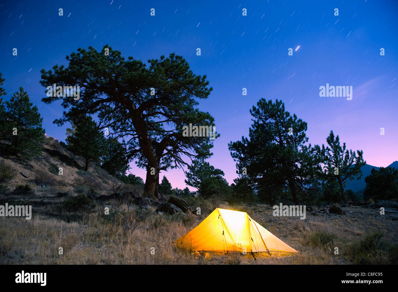 Tent Illuminated Under The Night Sky Rocky Mountain National Park Colorado United States Of America Stock Photo Alamy