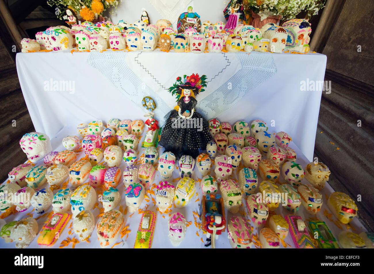 Wax skulls as decorations on display, Dia de Muertos (Day of the Dead, Morelia, Michoacan state, Mexico Stock Photo