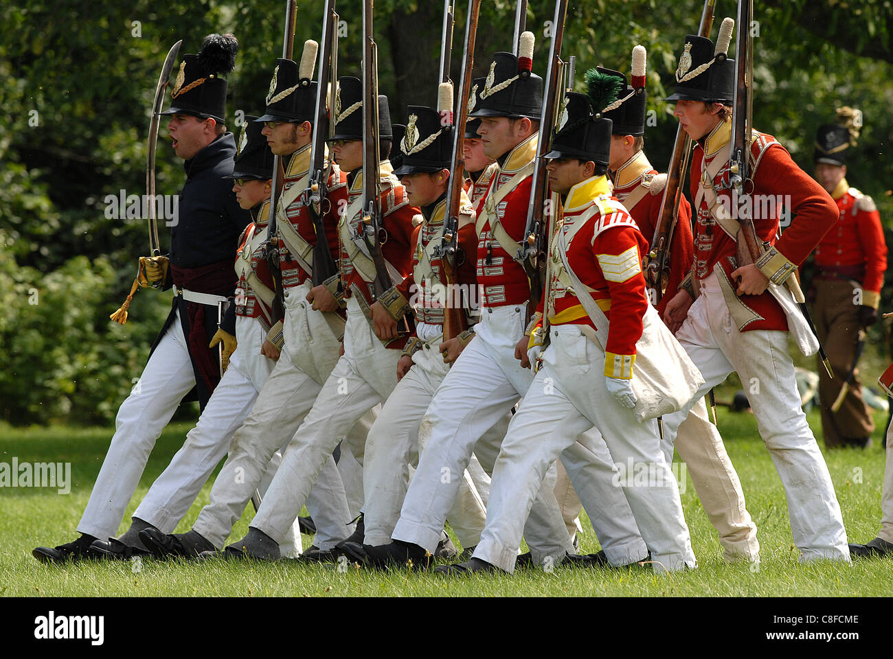 Photo from the Siege of Fort Erie reenactment, Sat. Aug. 9/2008, a battle from the War of 1812, British soldiers advance. Stock Photo