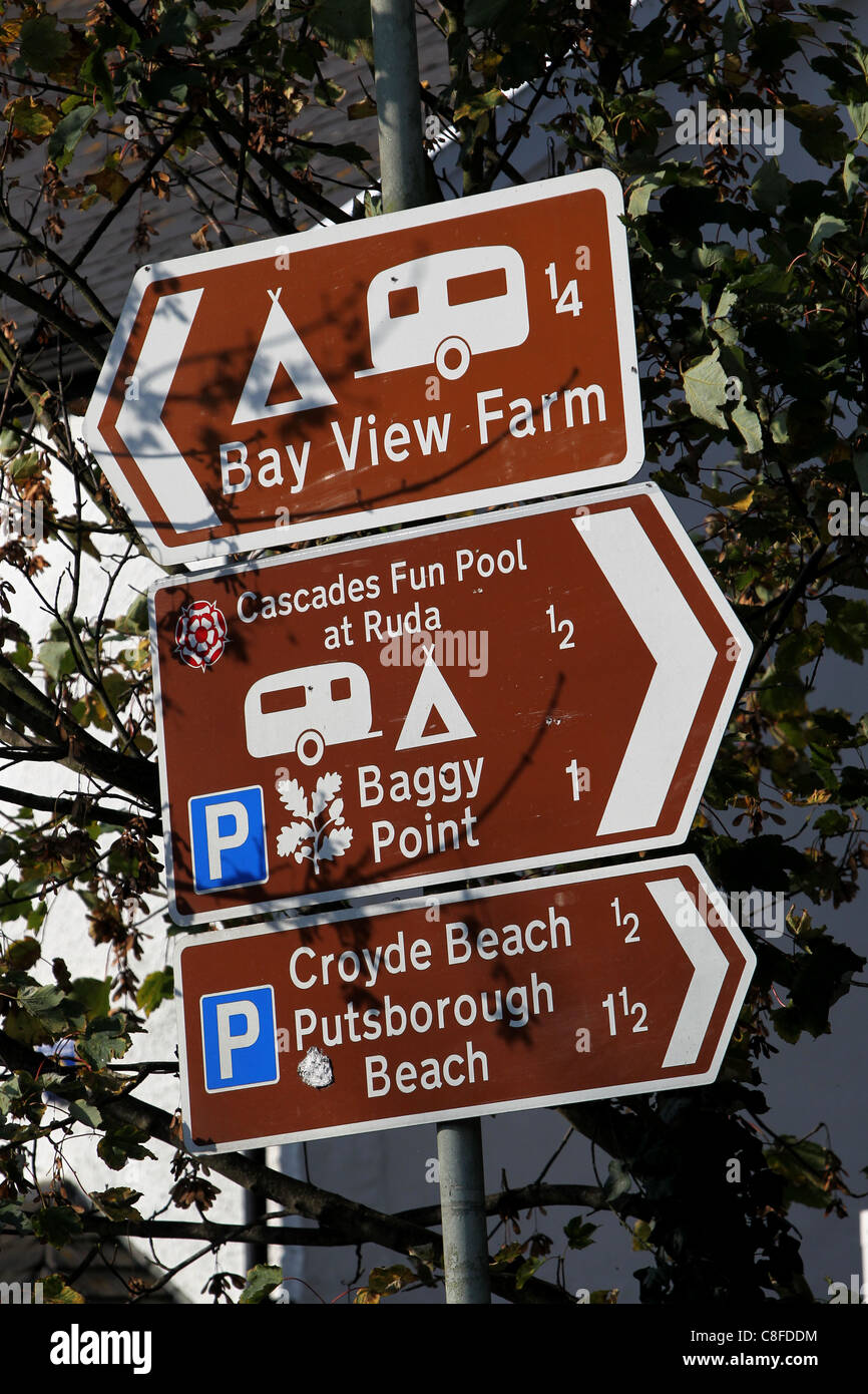 General view of some signposts in Croyde, Devon, UK. Stock Photo