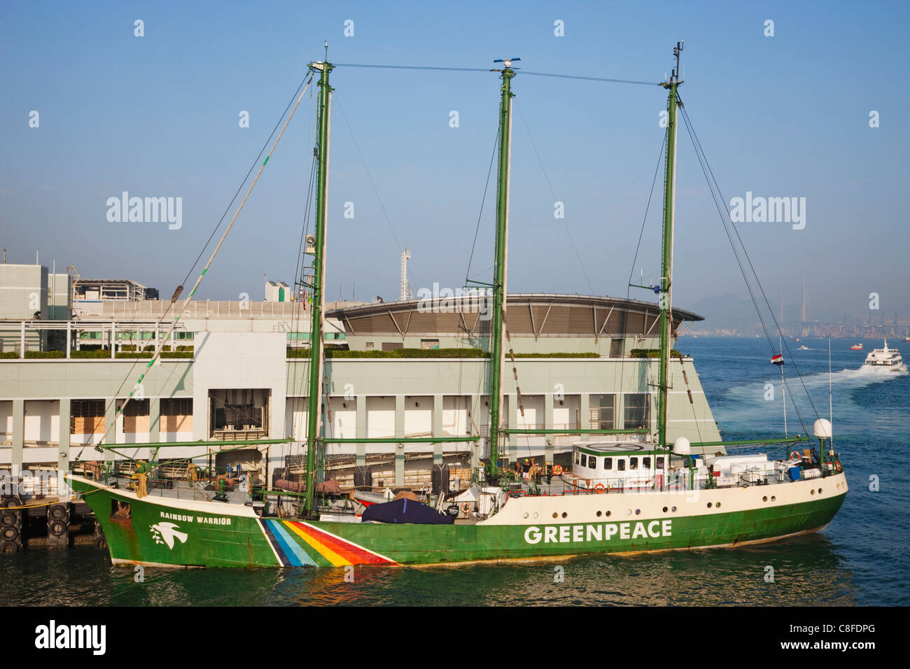 Asia, China, Hong Kong, Hongkong, Rainbow Warrior, Greenpeace, Environment, Environmental, Harbour, Harbours, Boat, Boats, Trans Stock Photo