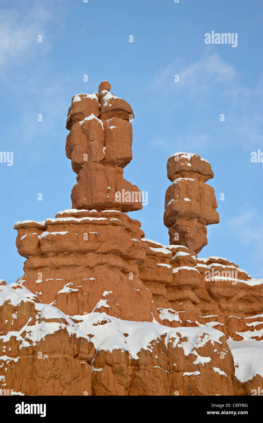 Red rock pillars with fresh snow, Red Canyon, Dixie National Forest, Utah, United States of America Stock Photo
