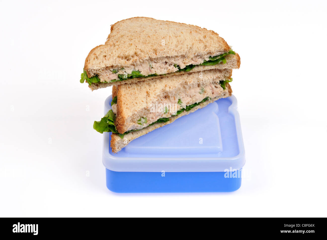Tuna mayo sandwich  with lettuce on wholemeal bread sandwich on lunch box on white background cutout Stock Photo