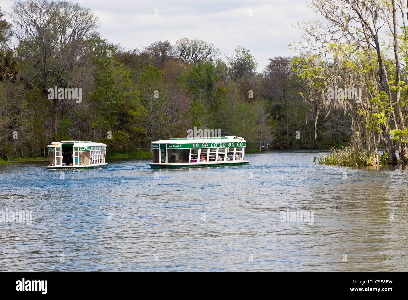 Two glass bottom boats pass each other on tours of the Silver River at Silver Springs State Park